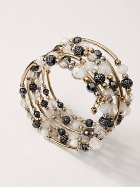 Gold Tone Gray White Beaded Memory Wire Wrap Bracelet